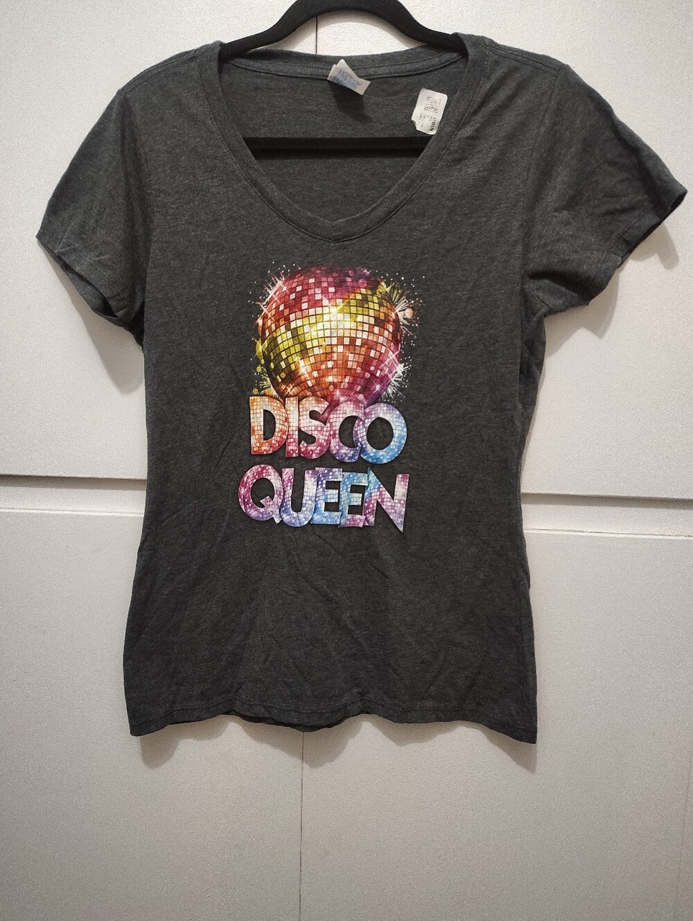 Disco Queen Shirt Womens Size S New Dk Gray V-neck 70s Retro Theme Costume Party
